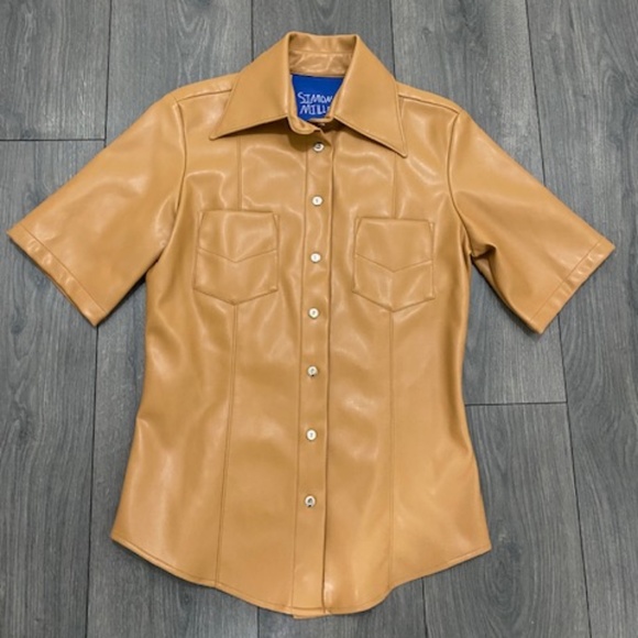 Simon Miller Bandera Vegan Leather Short Sleeve Shirt Size S - Picture 3 of 8